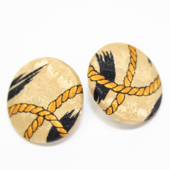 Vintage Jewelry - Vintage Gold Rope Cloth Button Earrings